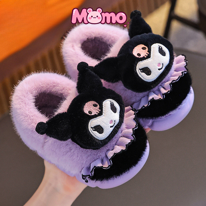 Sanrio Thu Đông Trẻ Em Dép Cotton Bé Gái Lông Cừu Ấm Áp Kuromi Cha Mẹ-Con Nhà Giày Cotton Dày