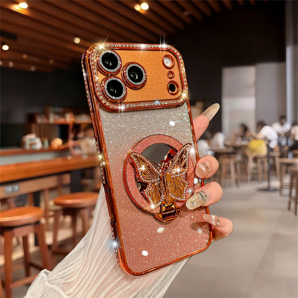 Ốp điện thoại giá đỡ gương bướm lấp lánh cho iPhone 17 Pro Max 16 11 12 13 14 15 pro max Air 15 16 plus Ống kính bảo vệ Camera Vỏ chống sốc TPU mềm điện thoại