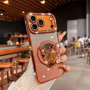 Ốp điện thoại giá đỡ gương bướm lấp lánh cho iPhone 17 Pro Max 16 11 12 13 14 15 pro max Air 15 16 plus Ống kính bảo vệ Camera Vỏ chống sốc TPU mềm điện thoại