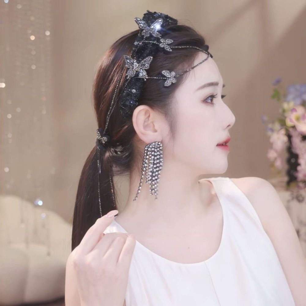 JKDESIGN - Dây Đeo Đầu Nhung Bện Ren Lưới Tua Rua Sáng Bóng, Charm Dây Xích Dài, Phụ Kiệm Tóc Cho Nữ