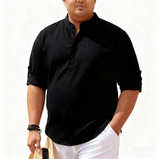 Áo sơ mi nam plus size cổ dài tay henley kẻ sọc từ vải dứa