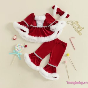 Trẻ mới biết đi Trang phục ông già Noel Giáng sinh sang trọng Áo dài tay chắp vá + Quần loe lưng co giãn + Bộ băng đô