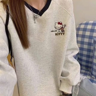 Áo sweater cổ tim form rộng in họa tiết 9 hình hello kitty dành cho nữ mặc thu đông
