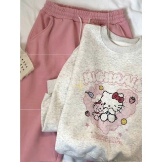 Áo sweater hello kitty in trái tim hồng dành cho nữ cổ tròn form rộng tay bồng chất nỉ bông