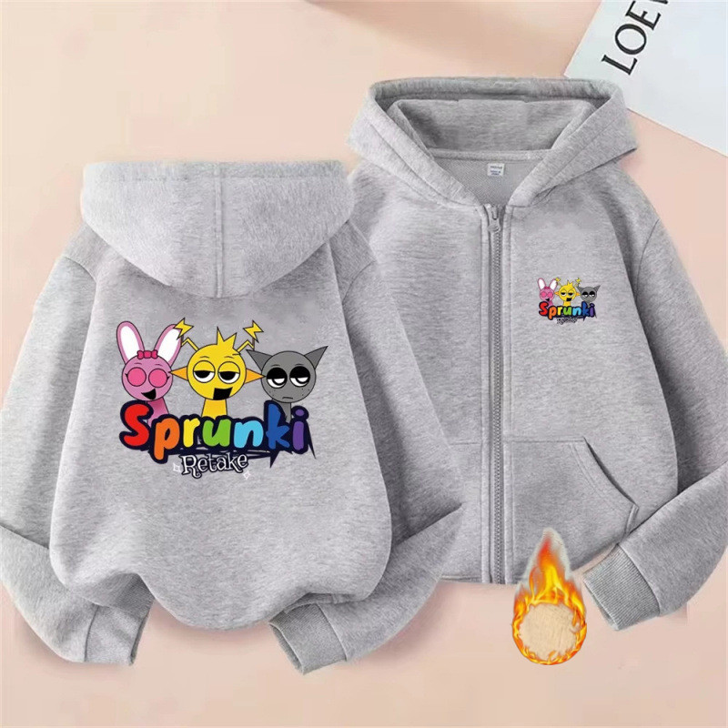 SPRUNKI Anime Nhân Vật Hoạt Hình In Hình Trẻ Em Lông Cừu Lót Zip-Up Áo Khoác Dài Tay Áo Khoác Ngoài
