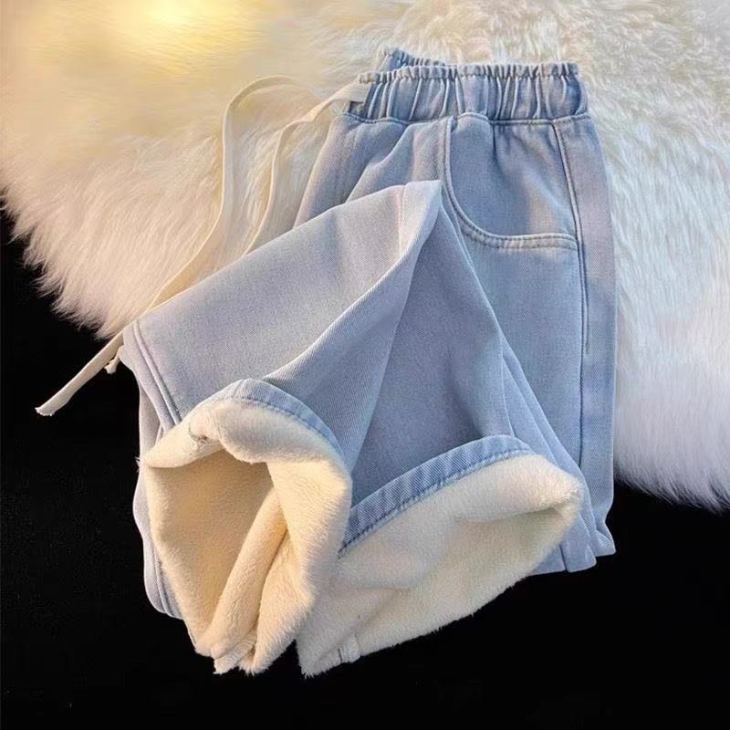 Lót Lông Cừu Dày cho Quần Jean Thu Đông, Phong Cách Retro Ống Rộng Nam Nữ