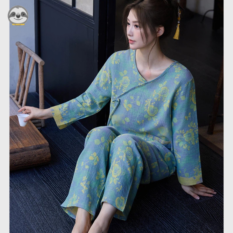 Bộ đồ ngủ tay cổ điển bằng Cotton nguyên chất phong cách Trung Quốc dành cho nữ / Bộ đồ ngủ Jacquard dệt cổ điển / Quần áo phòng chờ phong cách cổ xưa phong cách Trung Quốc / Thời trang Retro Loungewear