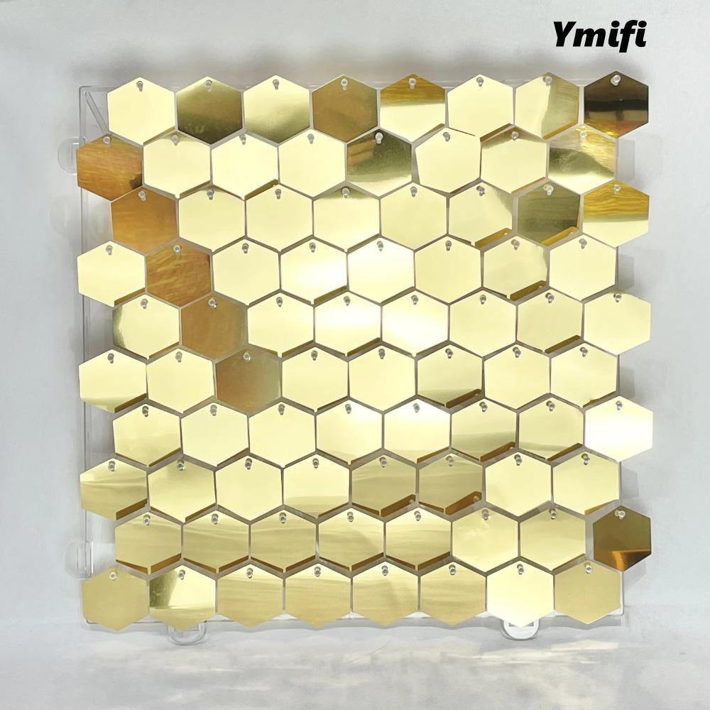 YMIFI Sequin Panel Trang trí tường, Phông nền sequin lấp lánh PET, Phông nền hình lục giác màu vàng bạc hình đám cưới