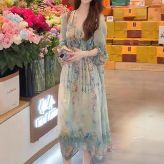 Váy cổ chữ V in hoa hai mảnh phong cách Pháp cao cấp dành cho nữ