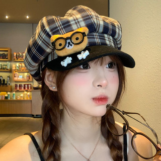 Mũ beret bát giác nữ gấu kính hoạt hình - Kẻ ô vuông, lớn đầu xinh, làm nhỏ khuôn mặt, dễ phối đồ