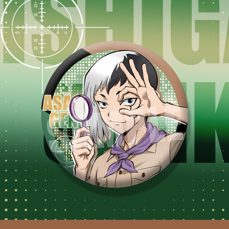75mm Dr.STONE Anime Huy Hiệu Đôi Lấp Lánh Pin Senku Ishigami Asagiri Gen Kim Loại Thổ Cẩm Dễ Thương Túi Ita Trang Trí Quà Tặng