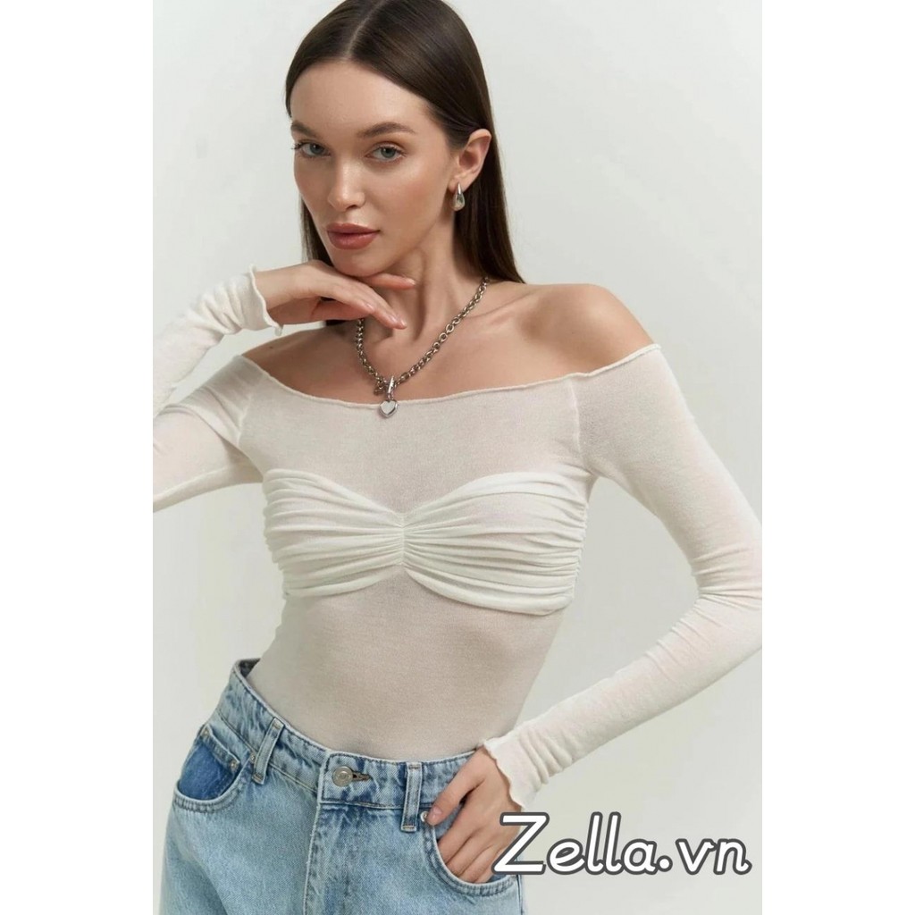 Áo thun nữ xếp nếp Ngực Slim Fit Off Vai Áo dài tay quây