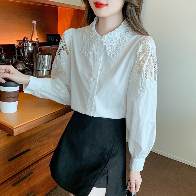 Áo sơ mi dài tay thêu màu trắng đơn giản, phù hợp công sở
