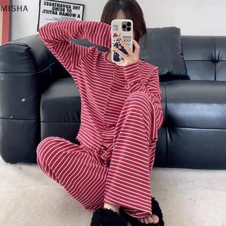 Misa Phong Cách Hàn Quốc Hoa Hồng Sọc Đỏ Bộ Đồ Ngủ Nữ Dài Tay Quần Cardigan Mặc Ngoài Bộ Quần Áo Gia Đình