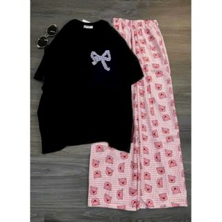 SÉT BỘ ĐỒ NỮ QUẦN HEO HỒNG + PHỐI ÁO PHÔNG TAY NGẮN -NƠ KẺ CARO TÍM-thuba94