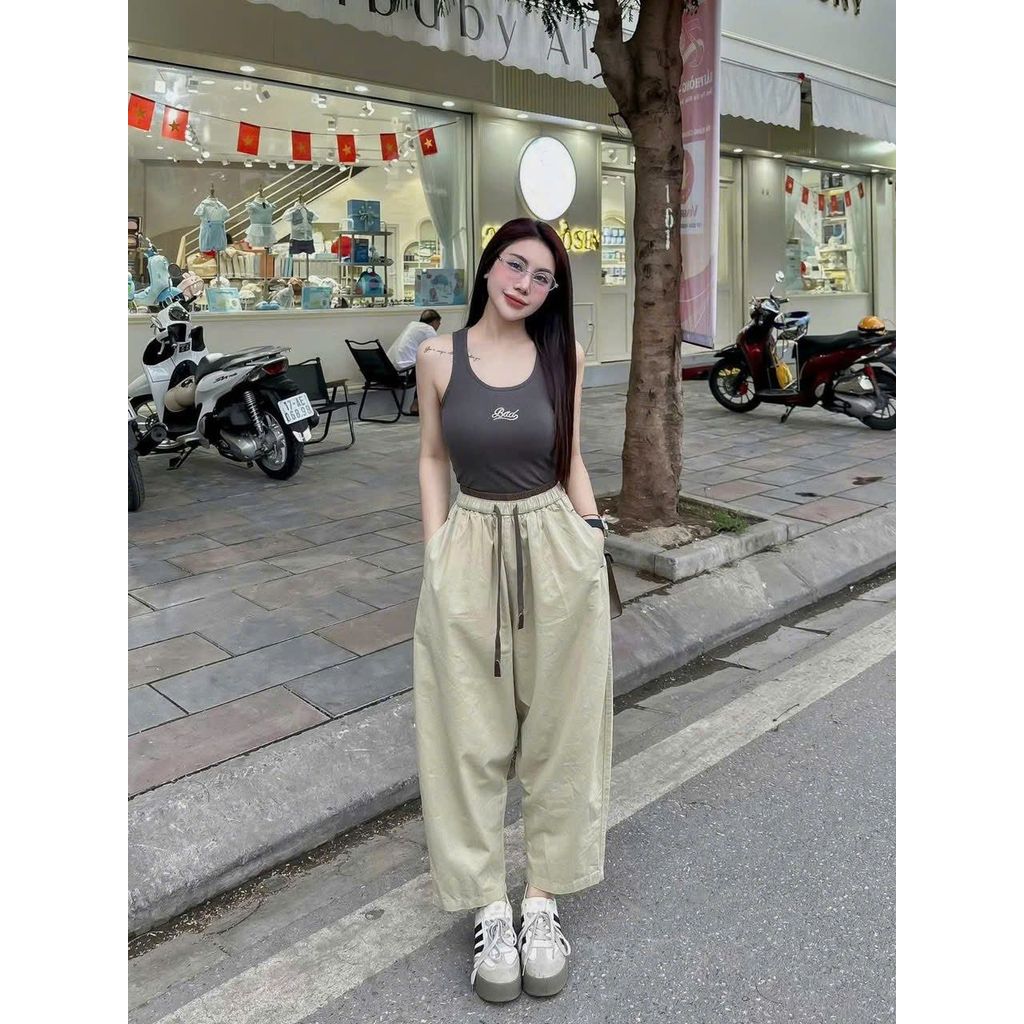 Quần baggy nữ cạp cao vải kaki loại 1 co giãn nhẹ, quần baggy ống rộng form thụng 2 túi sườn Q10