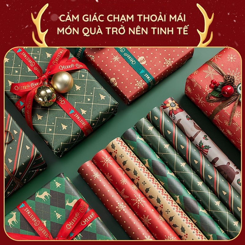 Giấy Gói Quà Noel Vintage – Cuộn Giấy Trơn Đỏ & Họa Tiết Xinh, Dùng Bọc Quà Noel & Gói Hoa Nghệ Thuật