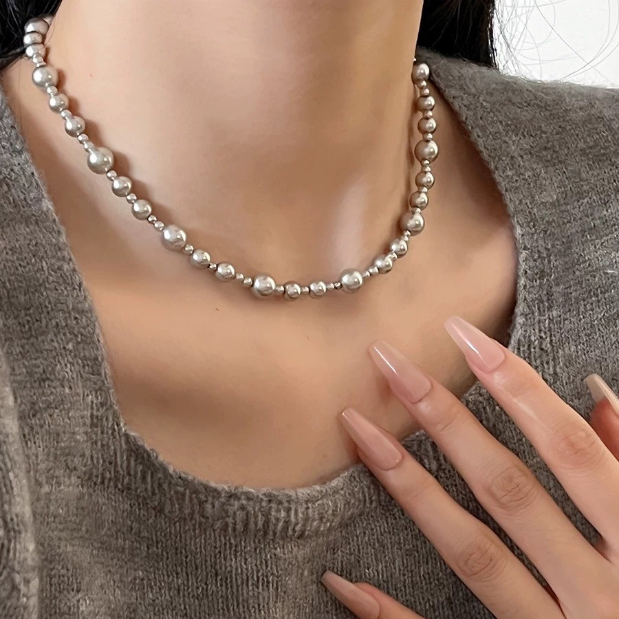 Dây chuyền áo len ngọc trai xám bạc cao cấp