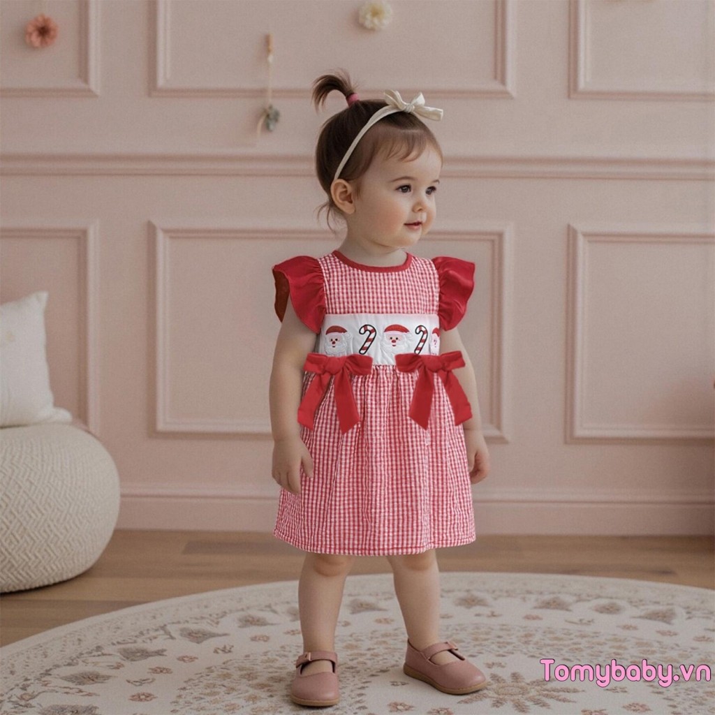 Váy Giáng Sinh Bé Gái Bay Tay Cổ Tròn Ông Già Noel Thêu Kẻ Sọc