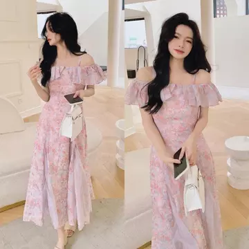 Đầm hồng pastel hoa trễ vai body dây thanh lịch đầm xinh nhẹ nhàng dạ hội váy liền thân dáng dài
