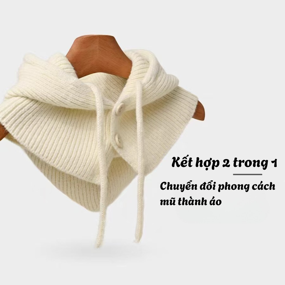 Mũ nón len đội đầu nữ 2 trong 1 kèm khăn quàng cổ đa năng trùm tai mùa đông ấm áp chất liệu len co giãn 4 chiều