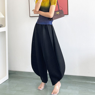 Miyake Quần Nữ Ống Rộng Drap Mỏng, Phù Hợp Hàng Ngày, Màu Đen Cao Cấp