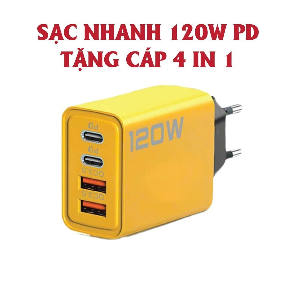 Củ sạc nhanh 4 cổng, 120W gồm: 2 cổng Type C + 2 cổng USB, Cáp sạc nhanh 3 in 1, Cốc sạc nhanh 120W, Phụ kiện