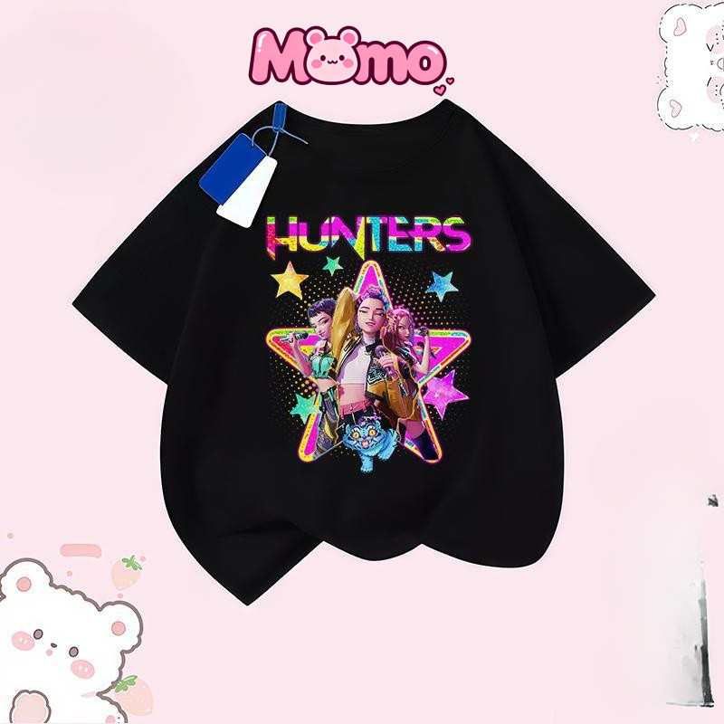 Kpop Demon Hunters Áo thun trẻ em dáng rộng cổ tròn tay ngắn Top Tee Hoạt hình đơn giản và Áo thun phổ biến
