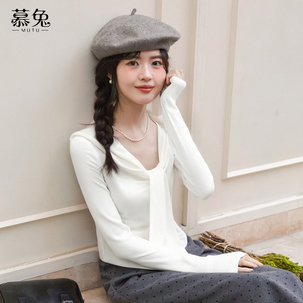 Mutu Áo Thun Dài Tay Nữ Phù Hợp Mùa Đông, Cổ Chữ V Ruột Băng, Thiết Kế Slim-Fit Sang Trọng