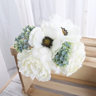 Hoa Giả Anh Túc Mẫu Đơn Lụa Cao Cấp Trang Trí Nhà Cửa Đẹp Bó Silver Anemone Peony Silk Flowers Artificial Bouquet Wedding Photography Props Fake Plants Floral Arrangement Vintage Aesthetic Room Decoration Gift Nordic Style DIY Hand Tied Realistic Petals