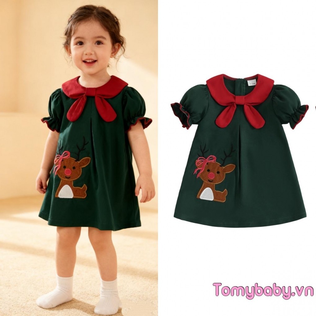 Váy Giáng Sinh Bé Gái Tập Đi Dễ Thương Tuần lộc Thêu Cổ Búp Bê Tay Ngắn Chữ A Cho Ngày Lễ
