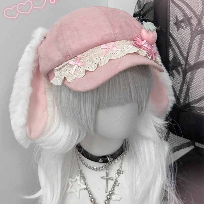 Mũ nồi hình bát giác sành điệu GODD có tai thỏ dài và dâu tây Mũ Cosplay