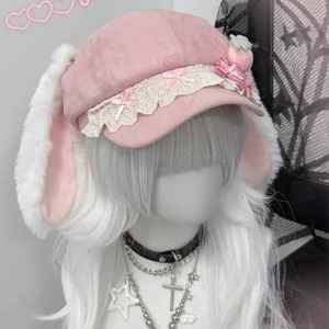 Mũ nồi hình bát giác sành điệu GODD có tai thỏ dài và dâu tây Mũ Cosplay