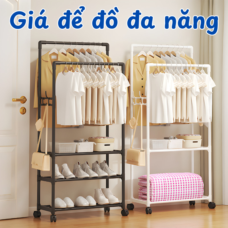 Giá Treo Quần Áo 3in1 Có Bánh Xe Tích Hợp Kệ Để Giày, Mũ DINO,Kệ Để Đồ Phòng Ngủ Phòng Trọ Dễ Lắp Ráp, Chịu Lực Tốt