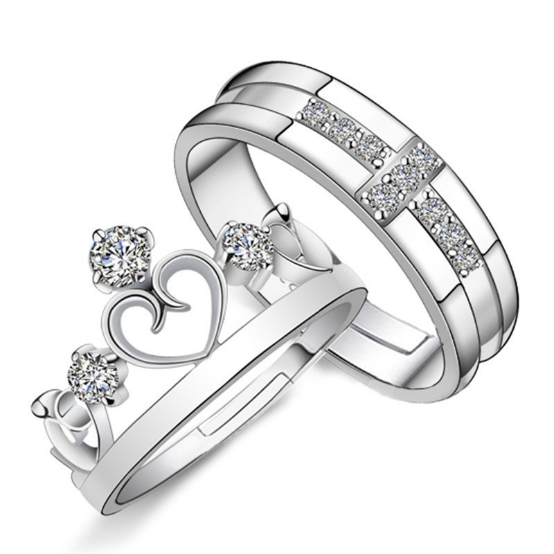 Nhẫn bạc S925 vương miện chữ thập đôi, zircon kẻ sọc điều chỉnh được, quà tặng cưới độc đáo