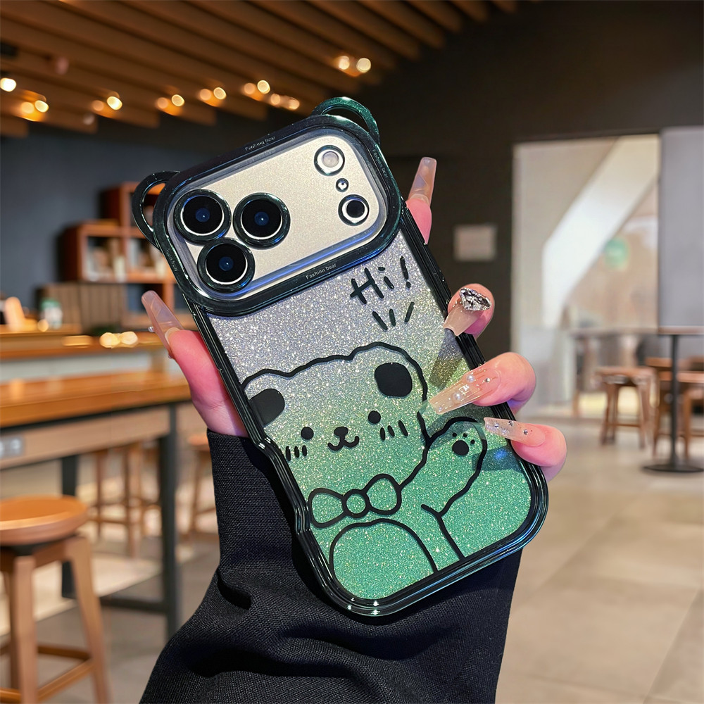Ốp điện thoại hình gấu dễ thương mạ điện lấp lánh cho iPhone 17 Pro Max 16 13 14 15 pro max Air Phim bảo vệ gương chống rơi Vỏ mềm TPU Vỏ bảo vệ điện thoại