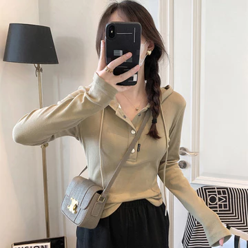 Áo thun dài tay cho nữ, phiên bản Hàn Quốc mùa xuân thu, ôm sát, áo ngắn, áo cơ bản, áo sweatshirt