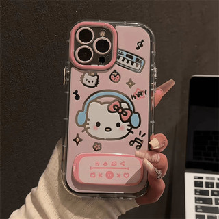 Vỏ Gương Hoạt Hình Dễ Thương + Dây Xích + Giá Đỡ Cho IPhone 16 11 15 14 13 12 Pro Max X Xr Xs Max 7 8 Plus Vỏ Điện Thoại Bảo Vệ Ống Kính Chống Sốc Mềm Vỏ Đen
