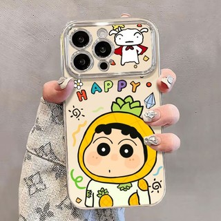 Vỏ + Dây chuyền hoạt hình dễ thương Crayon Shin-chan cho IPhone 16 11 15 14 13 12 Pro Max X Xr Xs Max 6 6s 7 8 Plus SE 2020 Vỏ điện thoại bảo vệ ống kính chống sốc mềm Vỏ đen