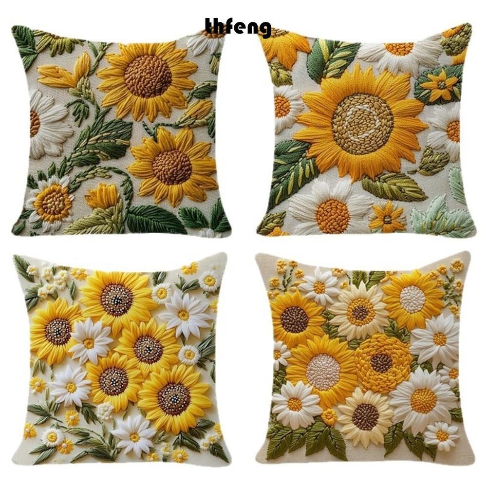 Vỏ Gối Hướng Dương THFENG, Đệm Sofa Sang Trọng 45x45cm, Vintage 2D Hoa Lông Tơ Mềm In Hình Phòng Ngủ Gối Trang Trí Nhà Cửa