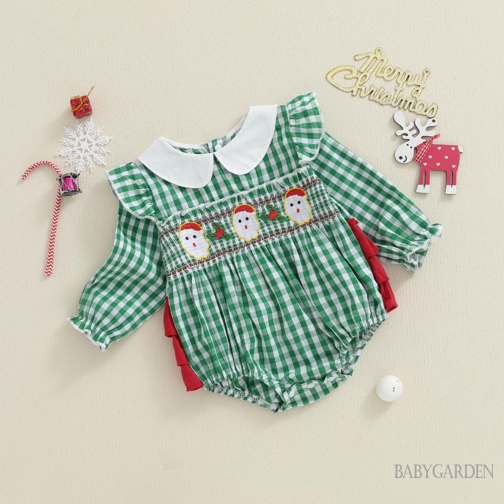 Bé Gái Giáng Sinh Áo Liền Quần Kẻ Sọc In Ông Già Noel Thêu Tay Dài Cổ Búp Bê Jumpsuit