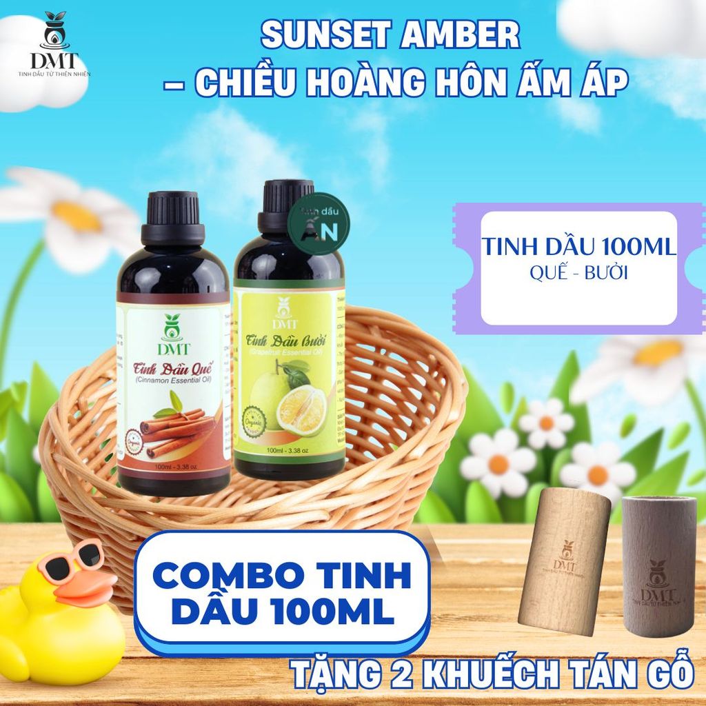 Combo 2 chai Tinh dầu xông phòng DMT 100ml, tặng 2 khuếch tán gỗ, tinh dầu thiên nhiên nguyên chất