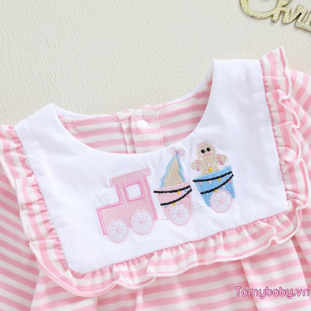 Bé Gái Giáng Sinh Sọc Áo Liền Quần Train Gừng Cây Thêu Ruffle Tay Dài Body