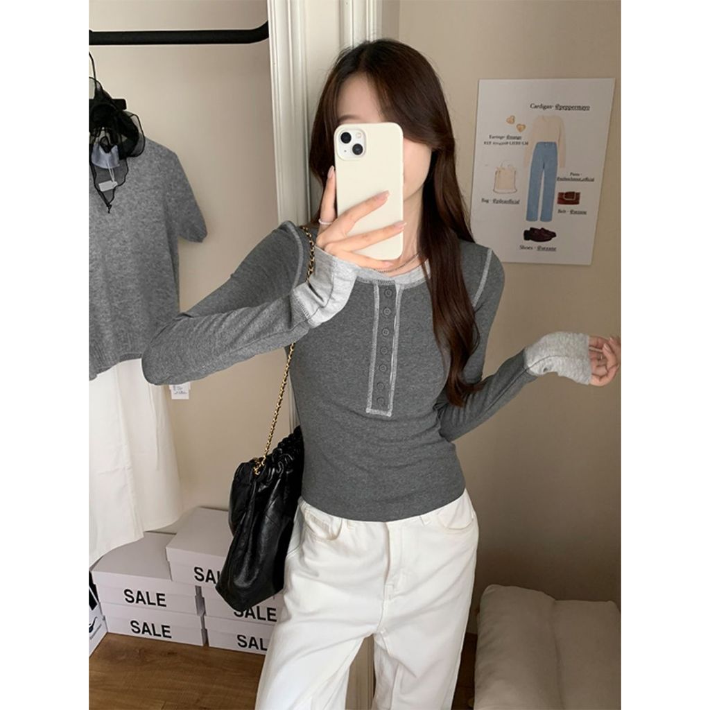 Áo thun nữ dài tay cổ chữ V, style Hàn Quốc thời thượng mùa thu
