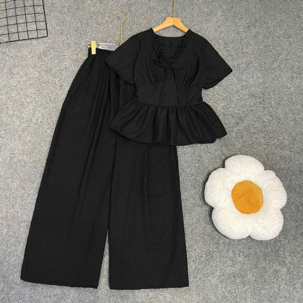 Set Bigsize Cô Nhỏ Áo Sơ Mi Cổ Tim Phối Bèo Kèm Quần Dài Lưng Thun Ống Rộng Co Giãn A315+Q564