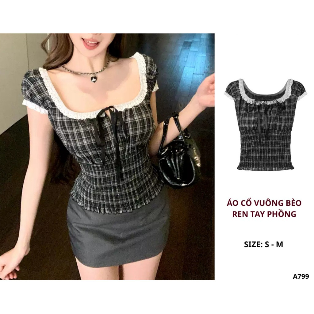 Áo Cổ Vuông Bèo Ren, Áo Kiểu Nữ Trễ Vai Tay Phồng Thiết Kế Thân Smock Ôm Eo Dễ Thương_A799