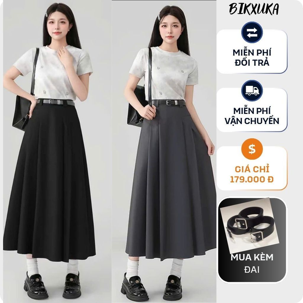 Chân váy A dài xếp ly phong cách hàn quốc hot trend  dáng dài ~90cm có túi 2 bên sườn vải Vitex CV06B