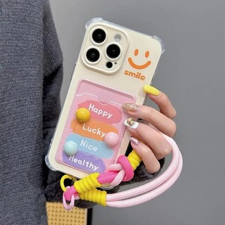 Ốp lưng bỏ túi thẻ nụ cười dễ thương 3D cho iPhone 13 14 Pro Max 12 Mini có dây đeo Vỏ silicon mềm
