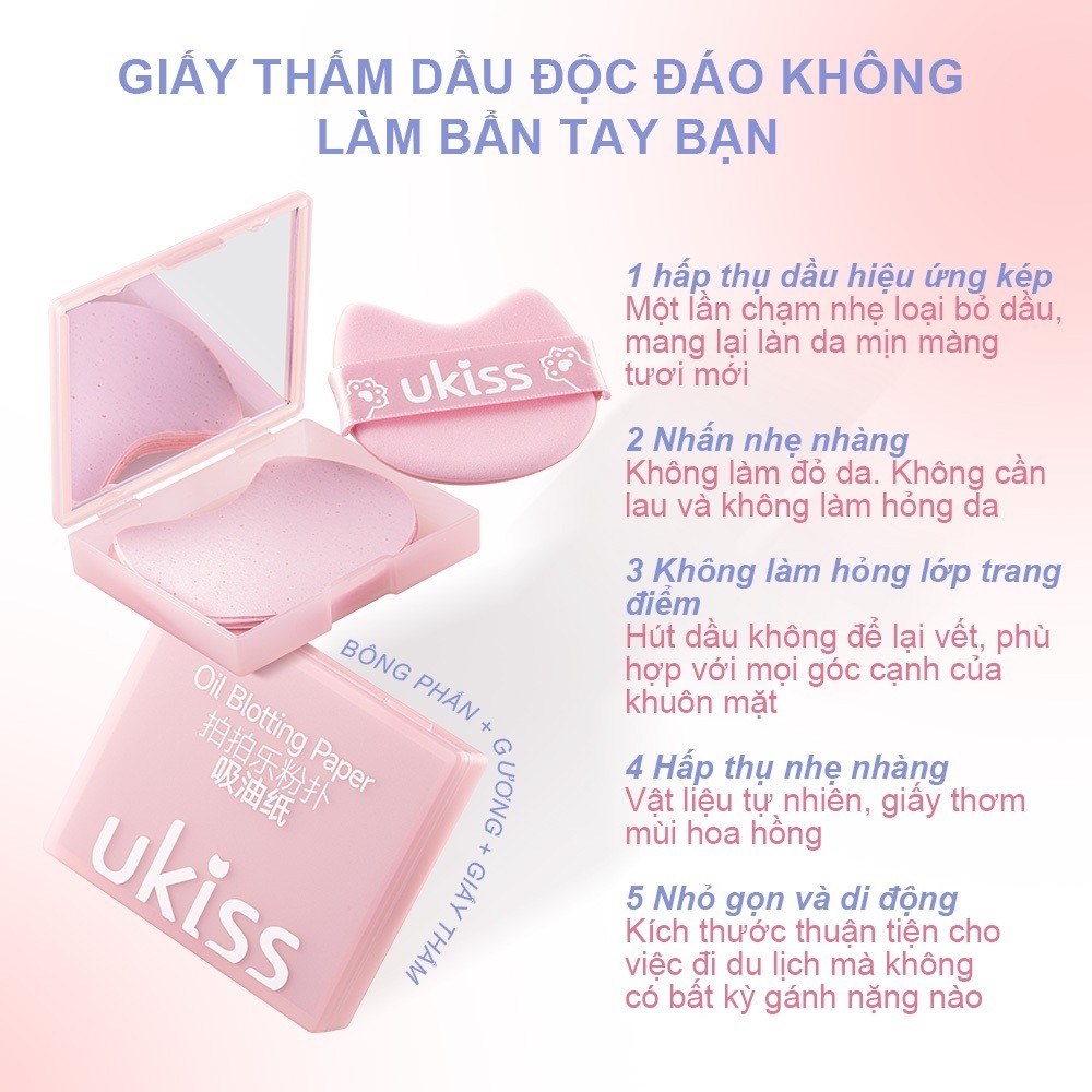 Set 100 giấy thấm dầu UKISS hoa hồng hương thơm kèm gương + puff bộ hộp di động (100 pcs/hộp)