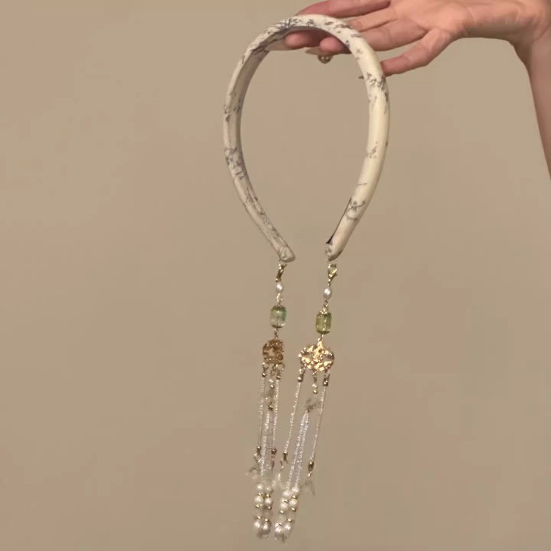 Mauropoli băng đô tua rua cổ điển màu mực xanh, phù hợp phong cách dân tộc và kẹp tóc